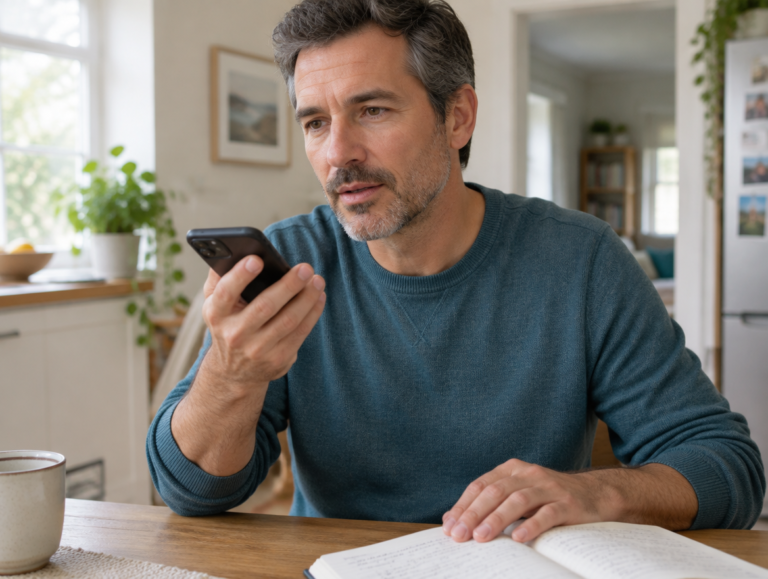 Illustrative scene of a person using his phone with notes about questions to discuss