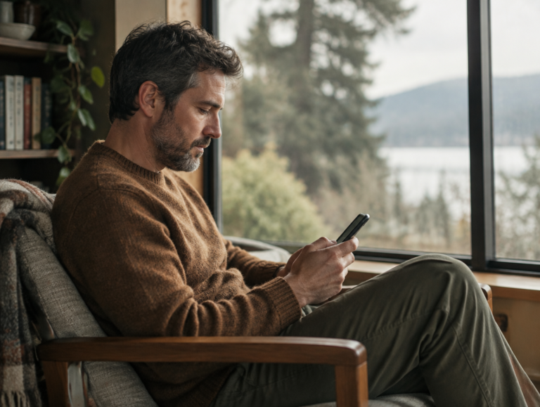 Illustrative scene of a man using his phone beside a window