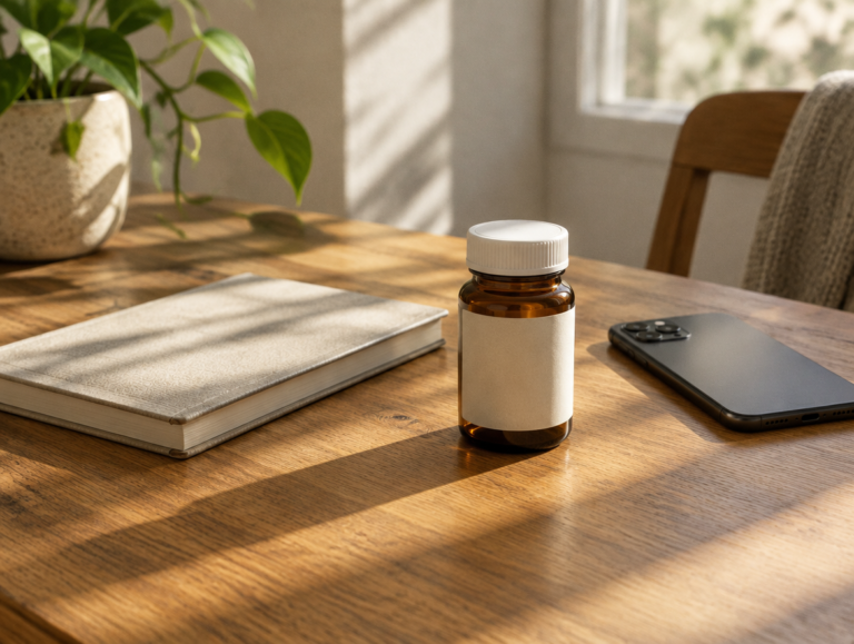 Illustrative still life of an unlabelled medication bottle and notebook