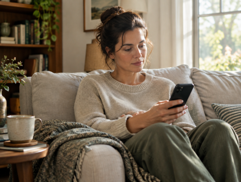Illustrative scene of a woman using her phone at home
