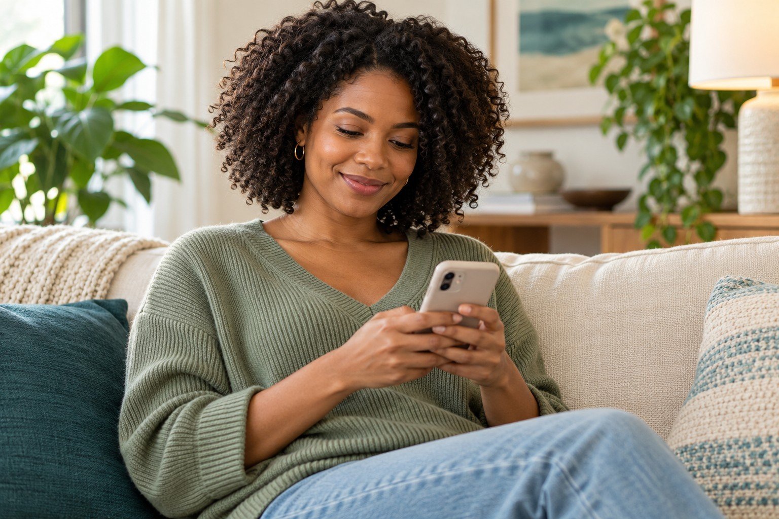 Illustration of a woman comfortably messaging on her phone at home